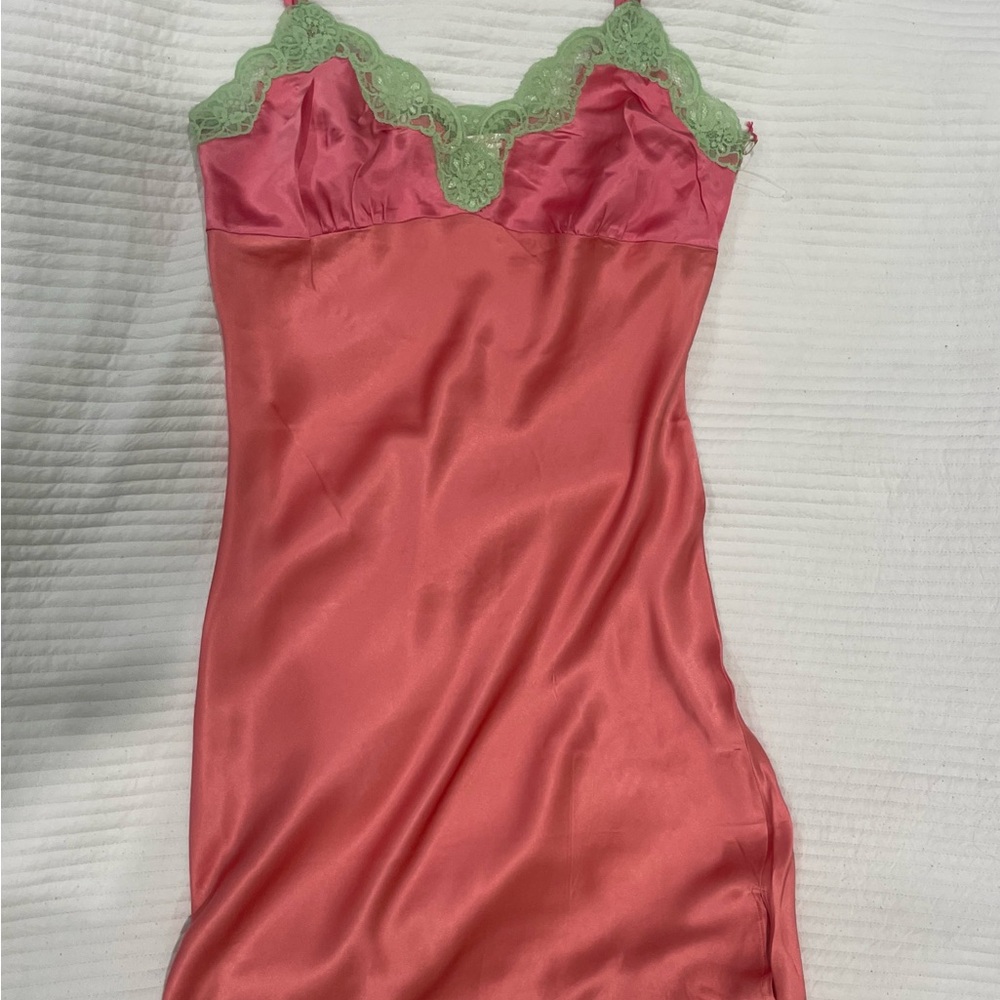 Pink Satin Slip with Pale Green Lace Trim - Women's Intimates ( Large) - Picture 3 of 11